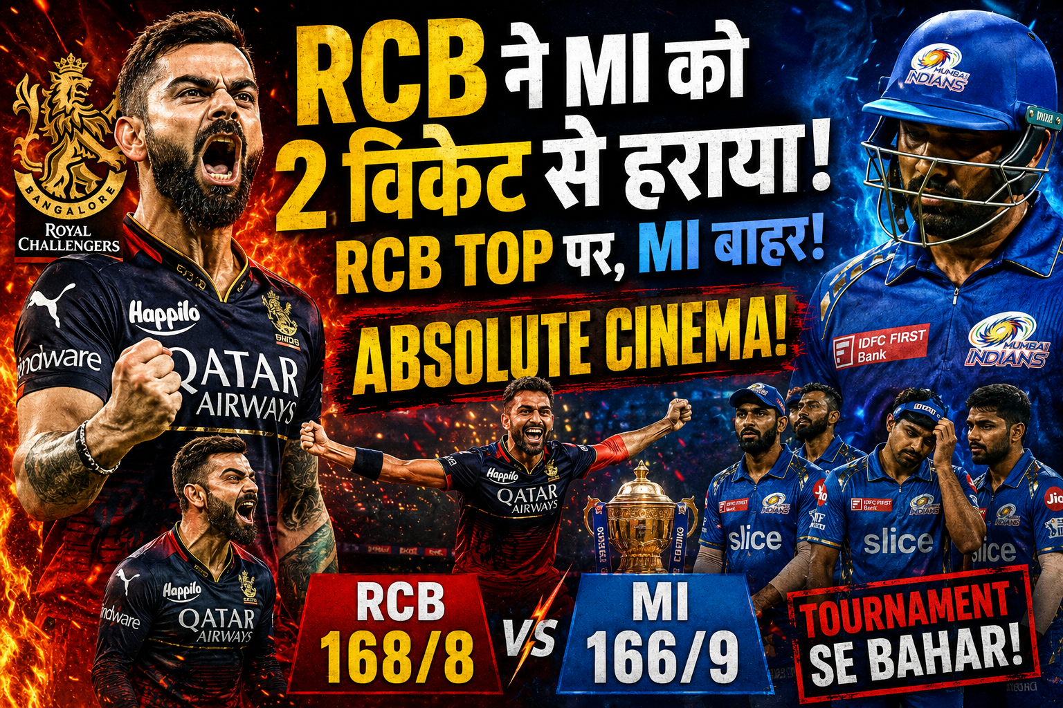 RCB ने MI को IPL से किया बाहर — आखिरी ओवर में हुआ “Absolute Cinema”