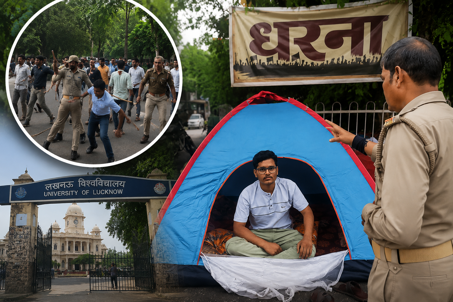 लखनऊ विश्वविद्यालय में अनिश्चितकालीन धरने का 49वां दिन: बारिश में भी डटे छात्र, कैनोपी हटाने को लेकर प्रशासन पर अमानवीयता का आरोप