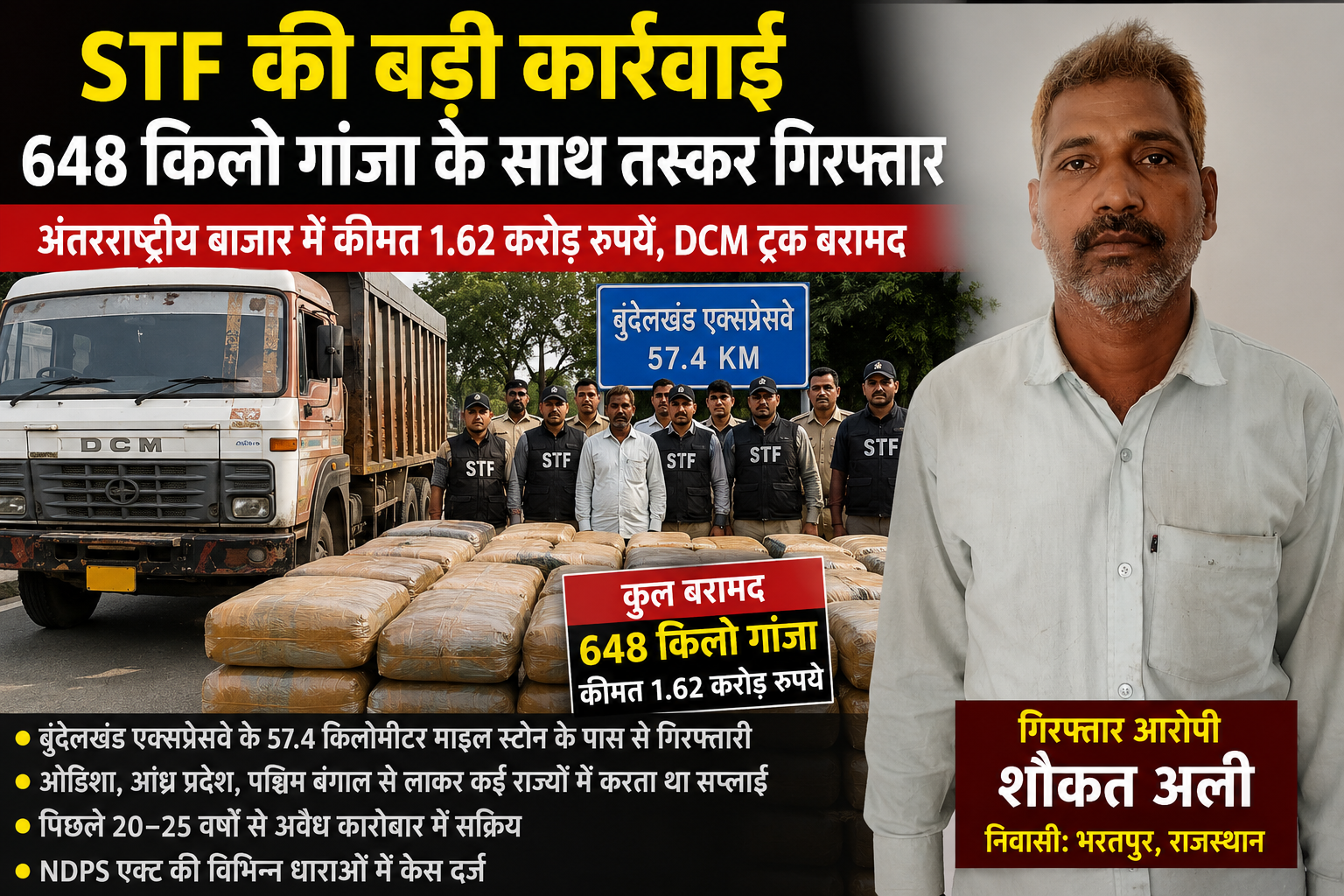 STF की बड़ी कार्रवाई: ₹1.62 करोड़ का 648 किलो गांजा बरामद, अंतरराज्यीय तस्कर गिरफ्तार