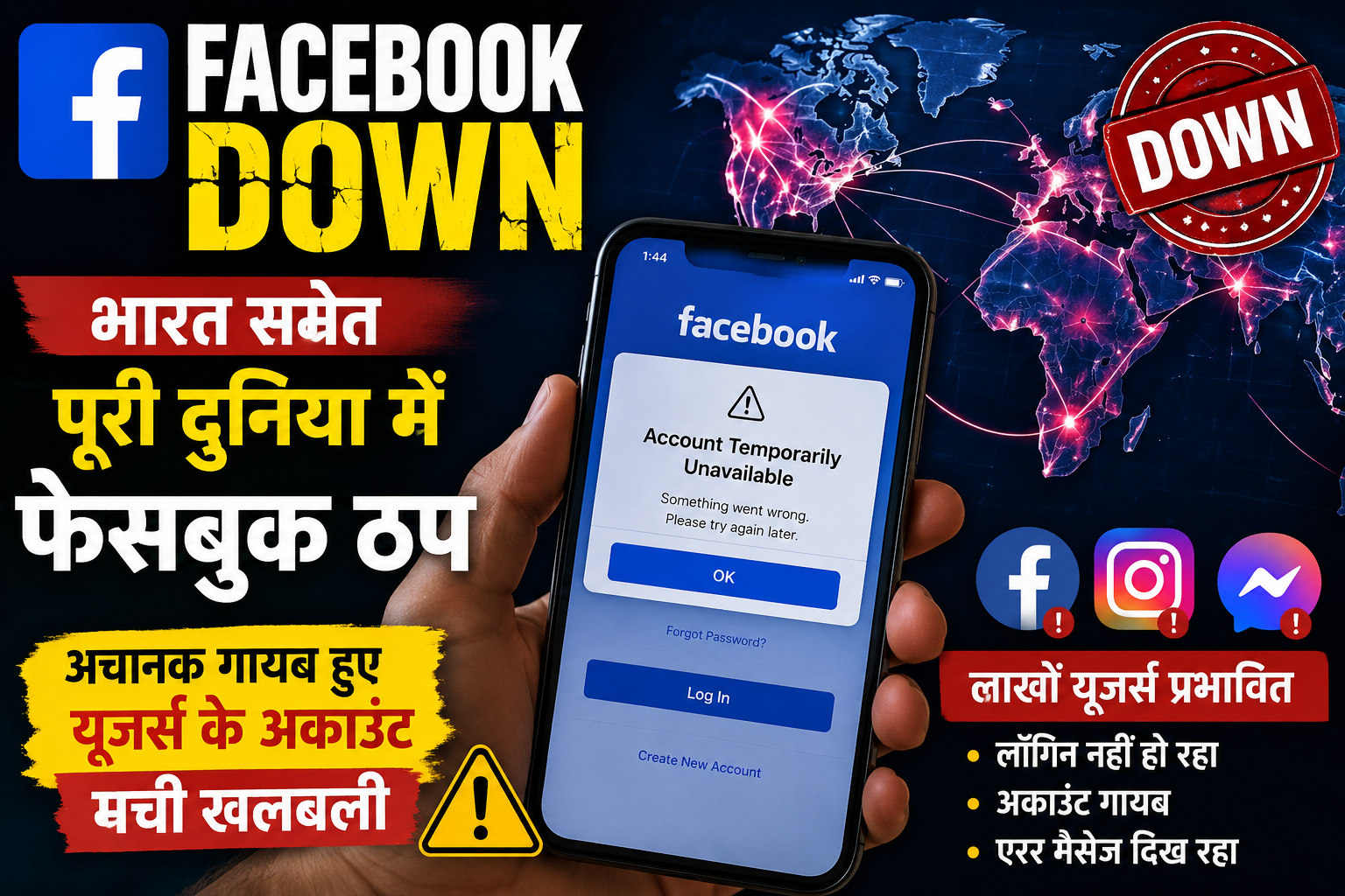 Facebook Down: भारत समेत पूरी दुनिया में फेसबुक ठप, लाखों यूजर्स के अकाउंट अचानक हुए गायब, मची अफरा-तफरी