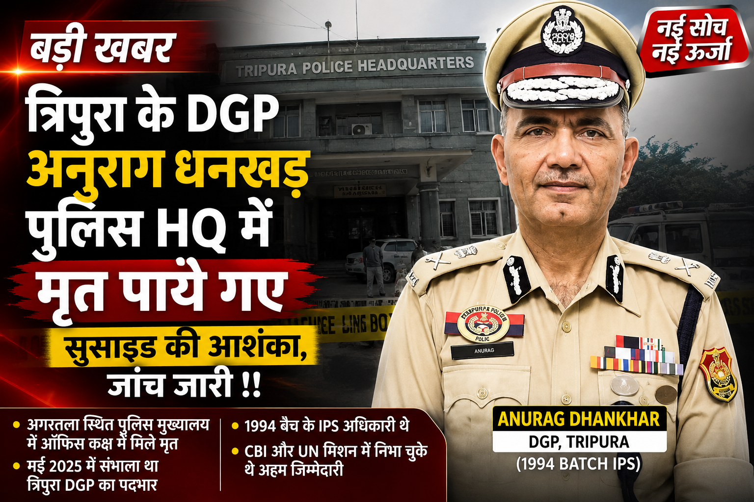 त्रिपुरा के डीजीपी अनुराग धनखड़ पुलिस मुख्यालय में मृत मिले, आत्महत्या की आशंका; जांच जारी