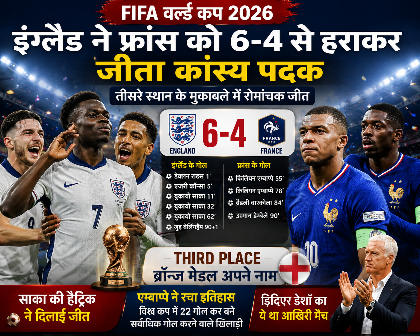 FIFA World Cup 2026: इंग्लैंड ने फ्रांस को 6-4 से हराकर जीता कांस्य पदक, साका की हैट्रिक के आगे फीकी पड़ी एम्बाप्पे की ऐतिहासिक पारी