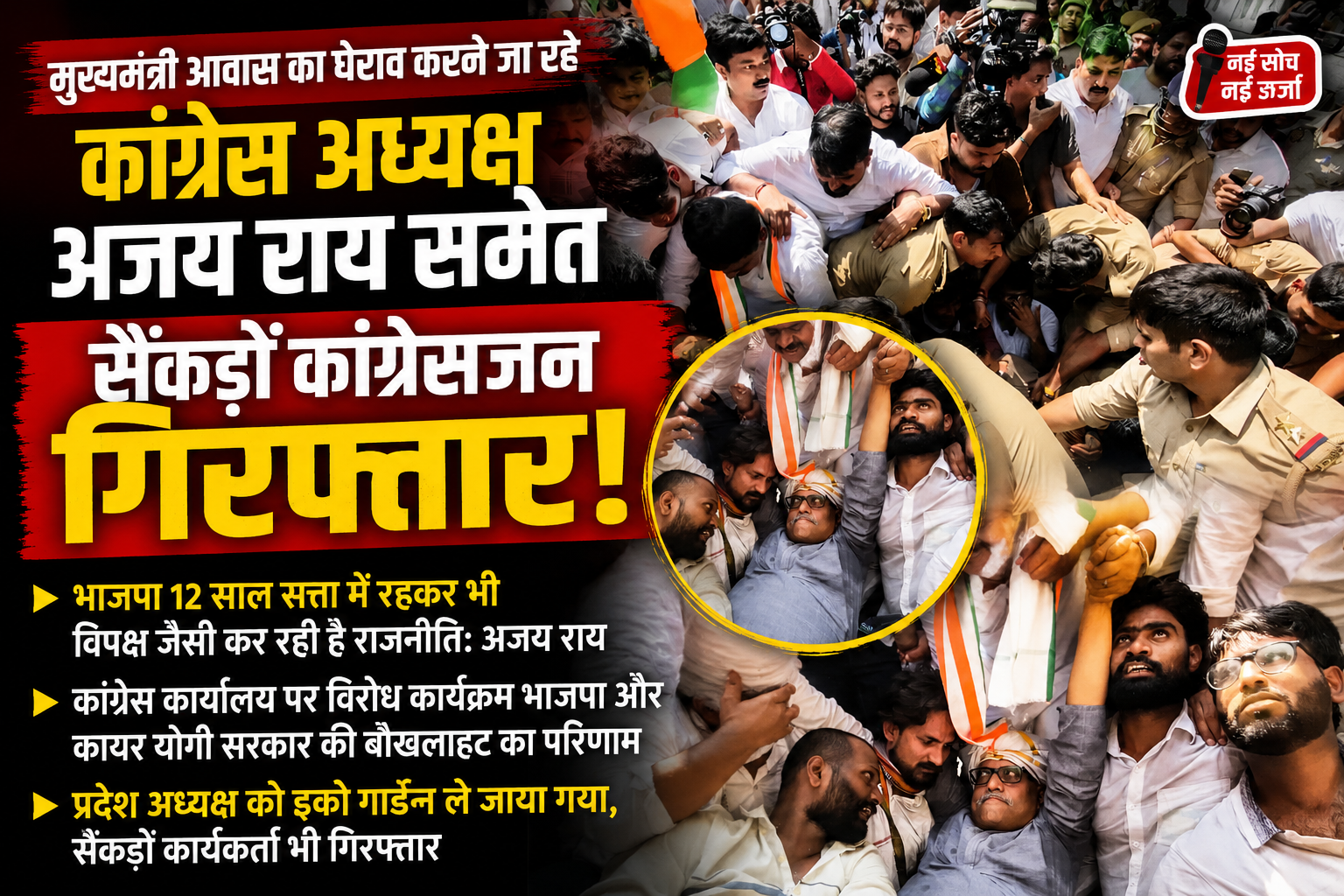 कांग्रेस का मुख्यमंत्री आवास घेराव मार्च विफल, प्रदेश अध्यक्ष अजय राय समेत सैकड़ों कार्यकर्ता गिरफ्तार
