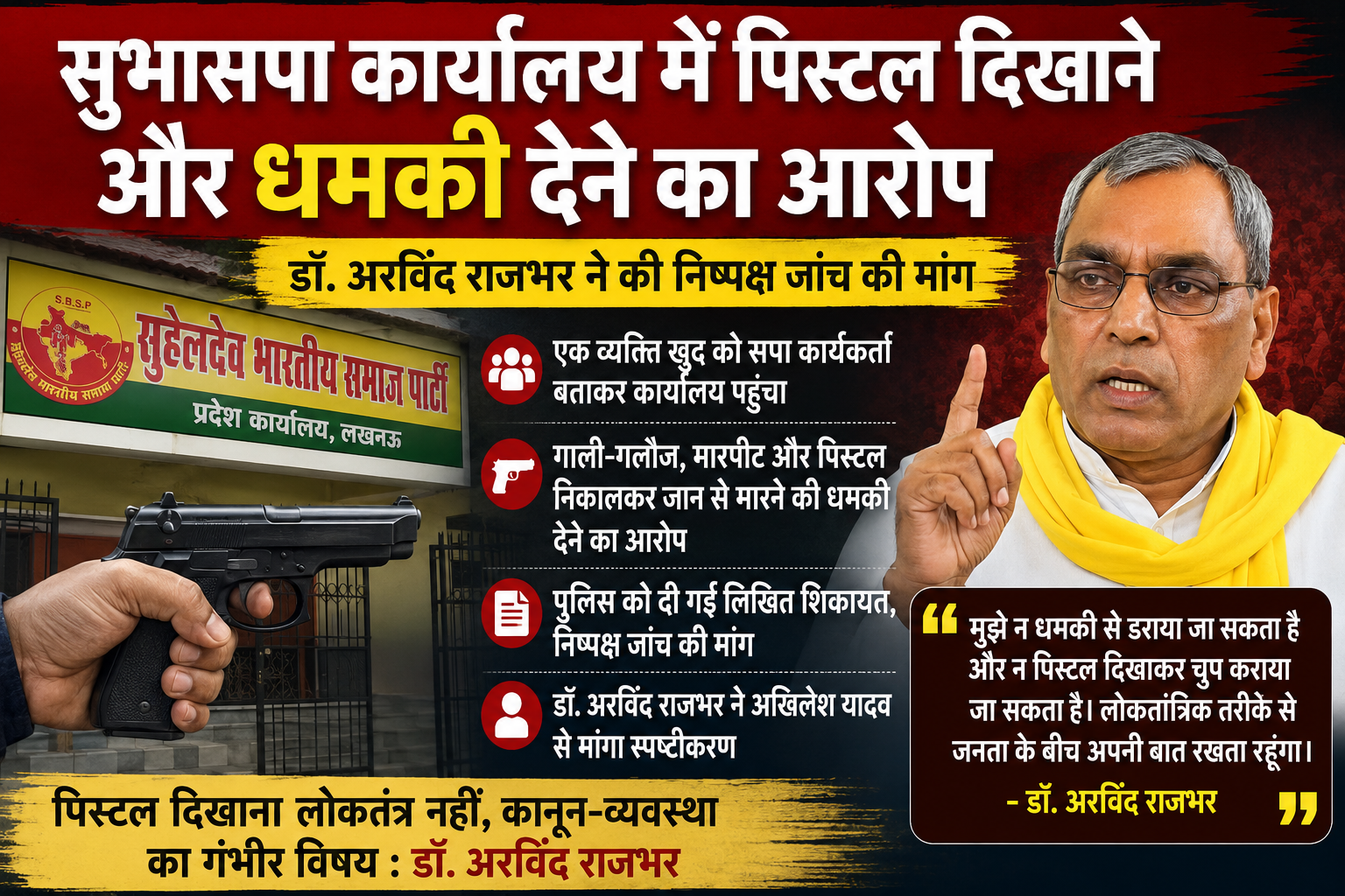 सुभासपा कार्यालय में पिस्टल दिखाकर धमकी देने का आरोप, डॉ. अरविंद राजभर ने की निष्पक्ष जांच की मांग