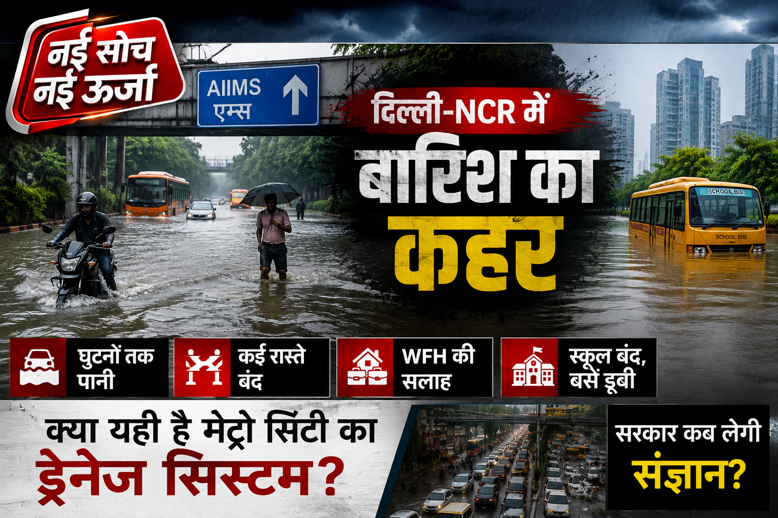 दिल्ली-NCR में बारिश का कहर: करोड़ों के फ्लैट, लेकिन सड़क पर घुटनों तक पानी—क्या यही है मेट्रो सिटी का ड्रेनेज सिस्टम?