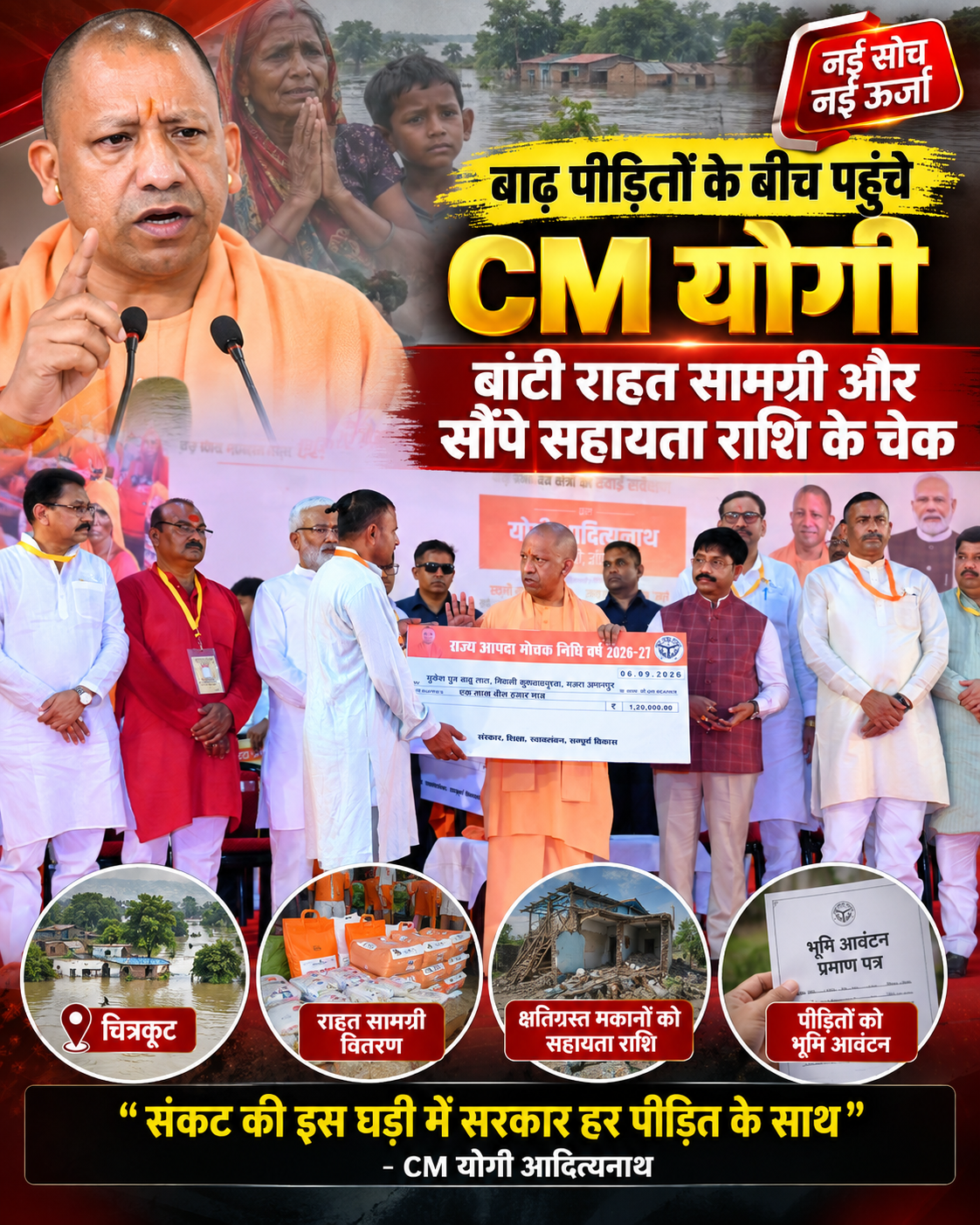 बाढ़ पीड़ितों के बीच पहुंचे CM योगी, बांटी राहत सामग्री और सौंपे सहायता राशि के चेक